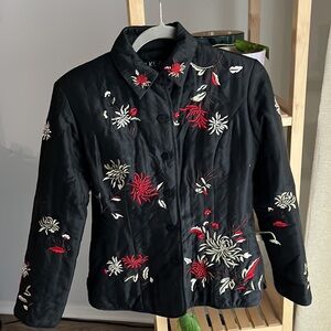 100% Silk Embroidered Black Jacket w/ Collar & Buttons